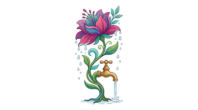 Surreal illustration of a magical blooming flower growing from a golden water tap with falling raindrops