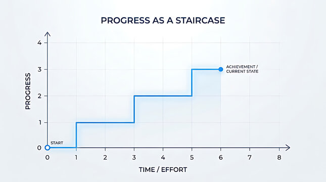 Conceptual illustration of incremental progress represented as a blue staircase chart showing growth and achievement over time and effort