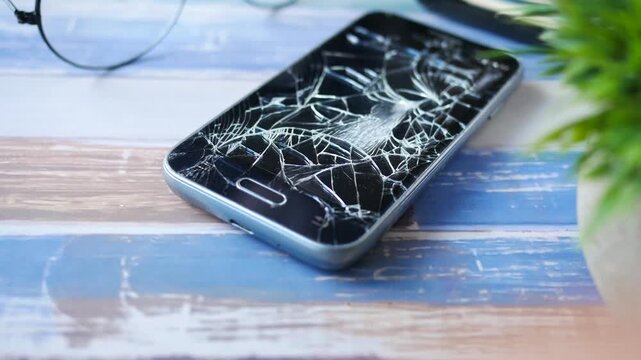 Close up shot of broken smartphone screen with cracked glass lying on wooden table
