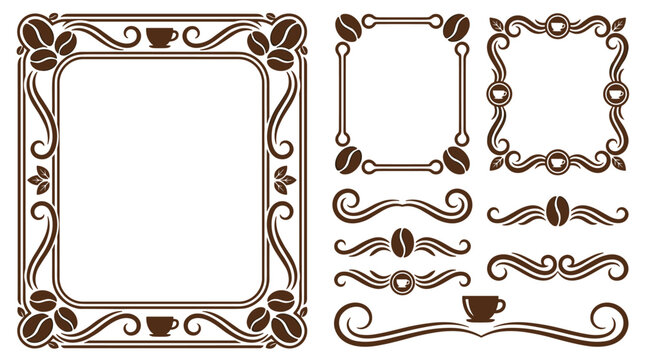 Set of coffee themed decorative frames and borders with coffee beans and cup motifs, elegant brown line art collection for menu or invitation design
