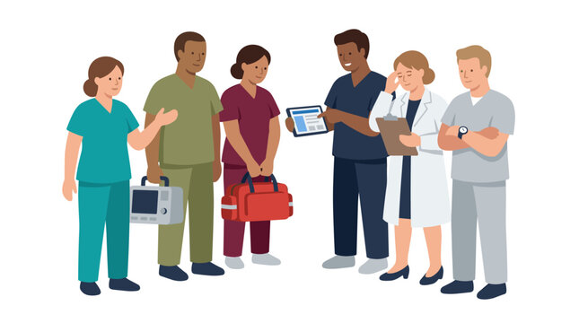 Group of medical personnel in scrubs consulting with patient records, emergency medical care, hospital team collaboration, healthcare professional