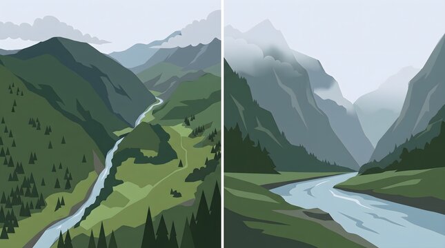Diptych vector landscape illustration of lush mountain valleys and winding rivers under misty skies