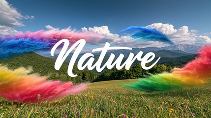 Obraz premium Vibrant explosion of colors swirling around the word Nature over a picturesque mountain landscape