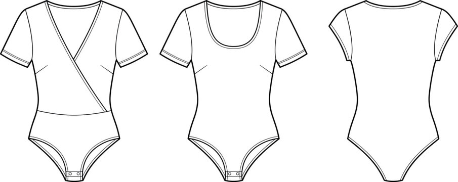 Women Bodysuit Technical Drawing Vector Template Set Featuring Wrap Neck Scoop Neck 