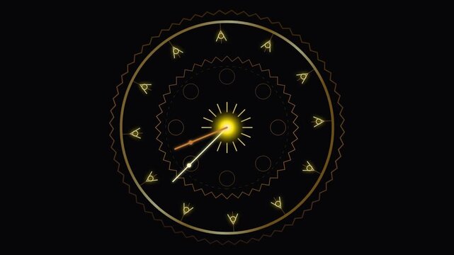 Mystical Golden Clockwork Animation with Glowing Center and Geometric Symbols