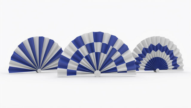 Three decorative folding fans with blue and white geometric patterns on white background