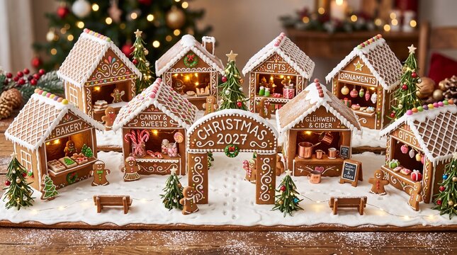 Miniature gingerbread Christmas market village with festive stalls and holiday decorations