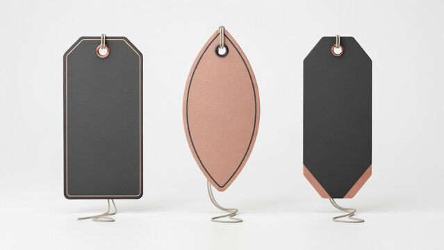 Three decorative gift tags with black and tan leather textures on a plain white background