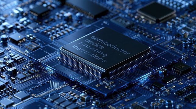 Close-up of a complex semiconductor chip on a blue electronic circuit board, highlighting intricate pathways and technology