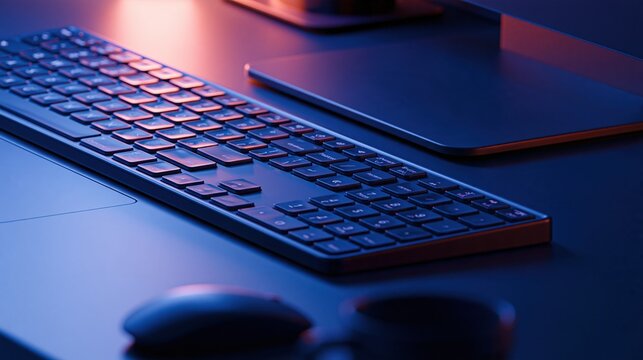 Modern computer keyboard and mouse glowing with blue and orange ambient light on a dark desk
