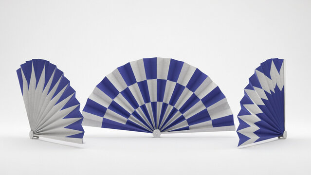 Three decorative folding fans with blue and white geometric checkerboard patterns on white