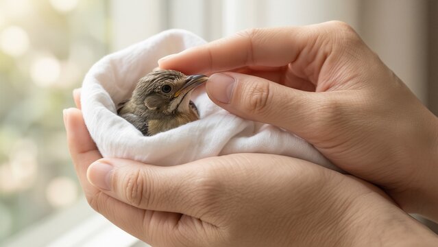 Animal - Caretaker holding a small baby bird wrapped in a soft white cloth gently with both hands