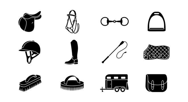 Equestrian Gear Icons Set: Horse Riding Equipment Vector Collection