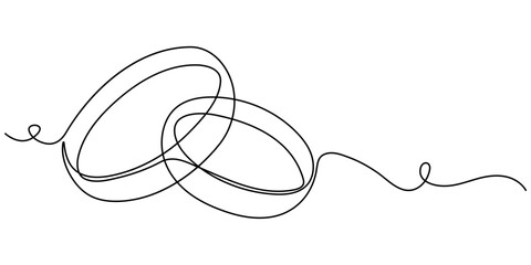 Obraz premium Continuous one line drawing of two wedding rings representing eternal love, Two wedding rings in one continuous line drawing. Love and romantic concept and symbol proposal engagement for invitation. 