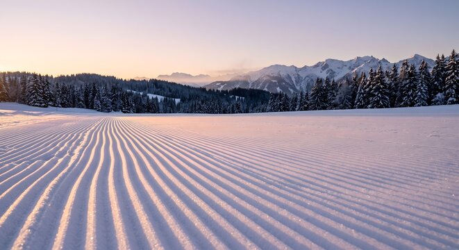 Wide photograph of a freshly groomed ski slope at sunrise, the entire surface covered in perfectly parallel corduroy grooves left by a snow groomer.