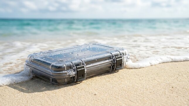A black waterproof protective travel case sitting on the wet sand of a tropical beach by the ocean. waterproof case solutions