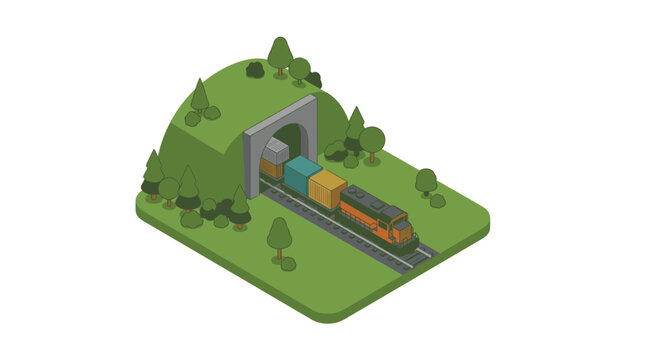 Creative Isometric of Train with Cargo Containers Passing Through a Tunnel in a Green Landscape