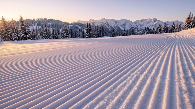 Wide photograph of a freshly groomed ski slope at sunrise, the entire surface covered in perfectly parallel corduroy grooves left by a snow groomer.