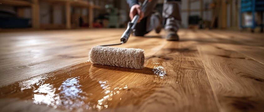 Wood floor refinishing with a roller applying protective varnish for durability and shine