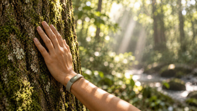 Hand touching mossy tree bark in forest with sunlight streaming through leaves creating biofeedback ritual of calm and connection with nature