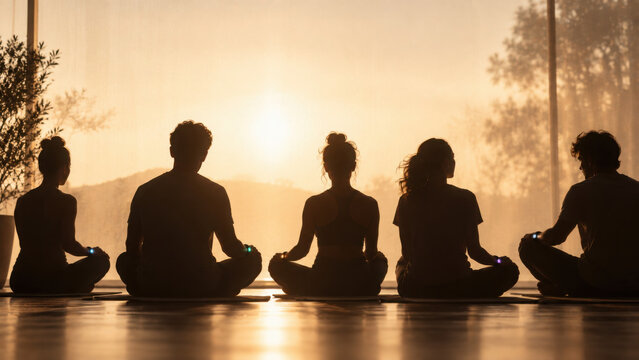 Meditation group practices biofeedback ritual at sunrise with calm atmosphere and peaceful silhouette in natural light