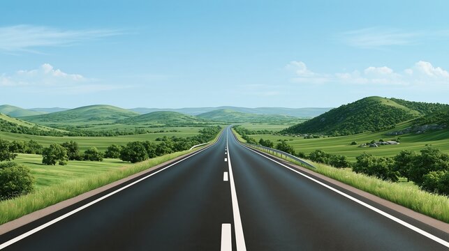 Long, empty asphalt highway stretching through lush green rolling hills under a clear blue sky with wispy clouds