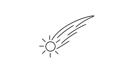 Simple comet vector icon with bright glowing nucleus and streaming tail, hand-drawn black and white line illustration for astronomy space science design projects and cosmic themed graphics © Mohammad