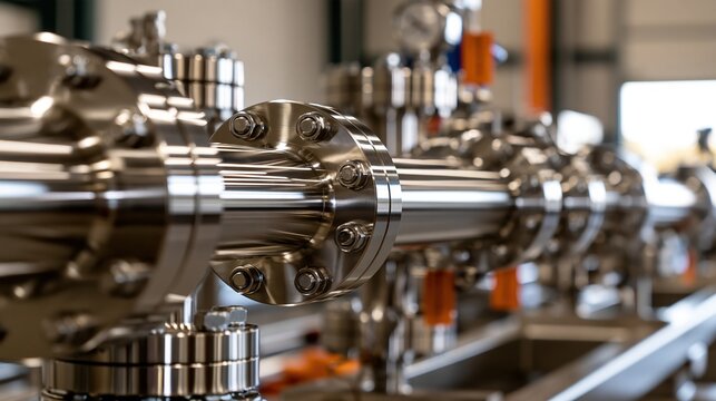 Close-up of shiny stainless steel industrial piping system with flanges and valves