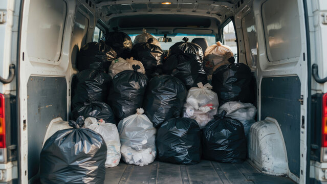 Black and white plastic trash bags filled with waste stacked inside the back of a cargo van with tightly inside interior household waste packed many plastic garbage