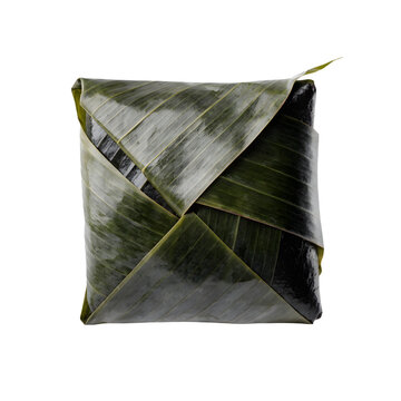 traditional Vietnamese banh chung square sticky rice cake wrapped tightly in natural green banana leaves, Lunar New Year food and cultural heritage concept.