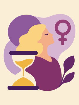 Female Menopause Concept with Woman, Hourglass and Symbol Representing Life Transition