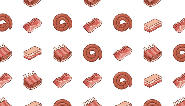 Set of various meat products including sausages, bacon, and ribs, vector illustration
