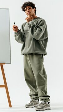Young man in casual loungewear holding marker, thinking beside whiteboard on easel, studio portrait
