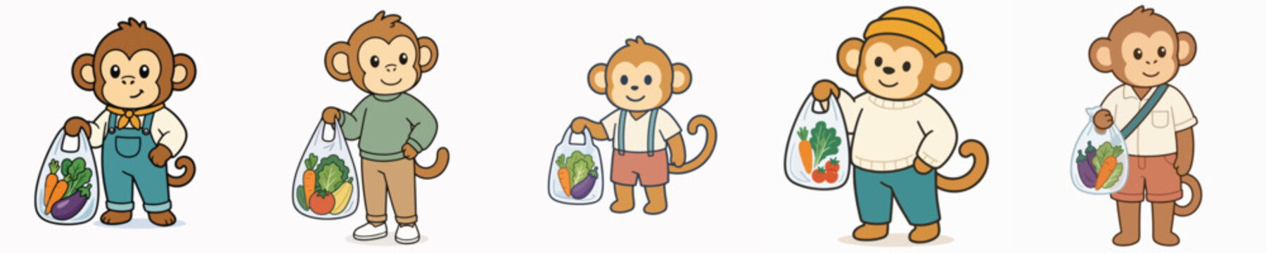 A set of vector illustrations of a cute monkey carrying a transparent plastic bag filled with vegetables after shopping.