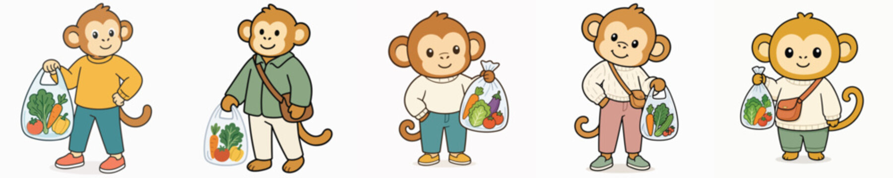 A set of vector illustrations of a cute monkey carrying a transparent plastic bag filled with vegetables after shopping.