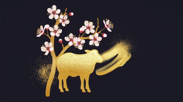 金インクが自ら描く羊と梅 2027未年 黒背景リビール動画