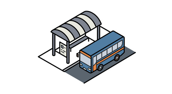 Dynamic Isometric of Blue Bus Parked Under Grey Covered Bus Shelter with Two Large Storage Tanks