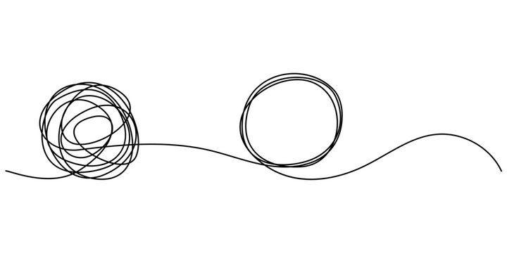 Tangle and unraveling thread of thoughts drawn in one continuous line. Concept of psychotherapy, mental health, problem solving.  Vector editable line illustration. 