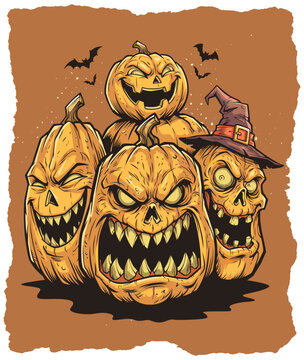 Scary Halloween Pumpkin Monsters Group Vector Cartoon Illustration