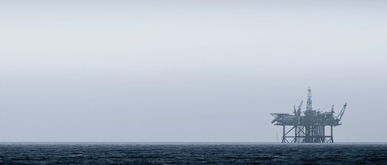 Obraz premium Offshore Oil Rig Platform in a Misty Ocean Horizon, Industrial Energy Production
