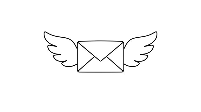 Hand-drawn envelope with wings vector icon, flying mail letter illustration, simple line art doodle, correspondence and delivery symbol, black outline on white background, messenger concept