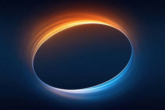 Abstract glowing oval portal with warm orange and cool blue light trails on dark background