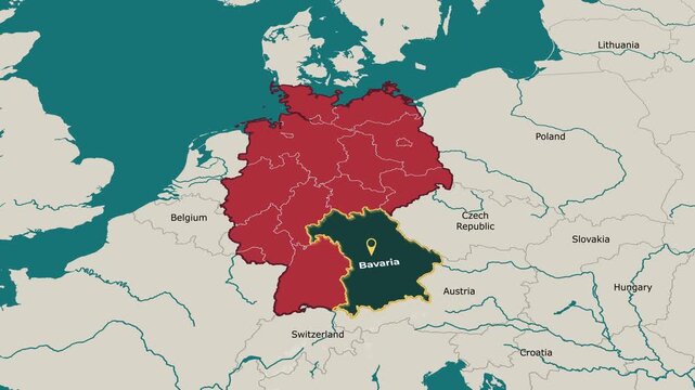 Animated map of Bavaria, Germany, highlighting the federal state boundary and location within Germany. Useful for geography, education, regional analysis, news, documentary and European content