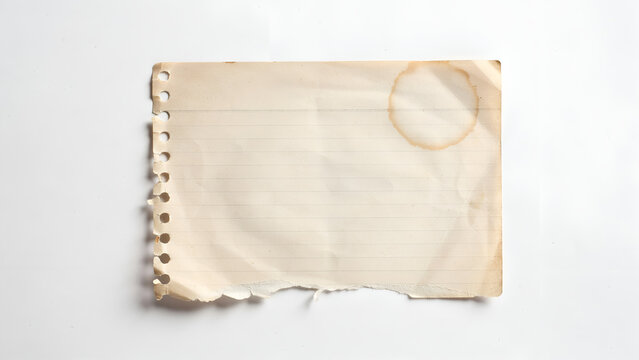 Old vintage lined paper sheet with coffee stain isolated on white background