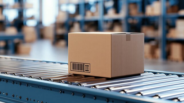 Cardboard shipping box on a conveyor belt in a warehouse, ready for distribution and delivery