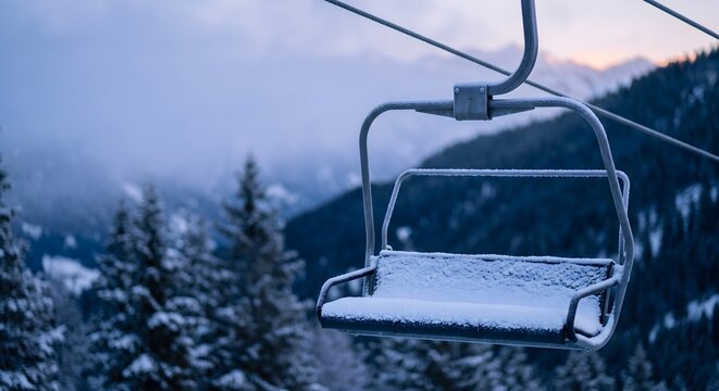 Close-up photograph of a single empty chairlift chair at rest in the blue light of early morning before the resort opens, a soft undisturbed mound of fresh powder snow.