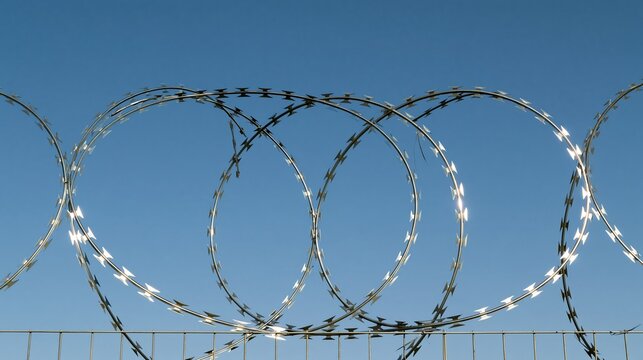 Razor wire security fence coils against clear blue sky, symbolizing protection and boundary