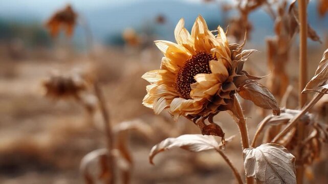 Withered Sunflower in a Barren Field: A close-up shot captures a single, dried sunflower standing against a backdrop of a dry, desolate field.
