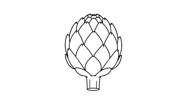 Globe artichoke with trimmed stem base vector icon illustration, hand-drawn black and white line art of a fresh artichoke vegetable, detailed botanical drawing on white background
