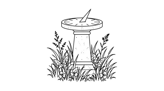 Hand-drawn vector illustration of a granite sundial on a stone pedestal surrounded by overgrown lawn grass and delicate wildflowers, line art coloring page style icon for garden and time concept
